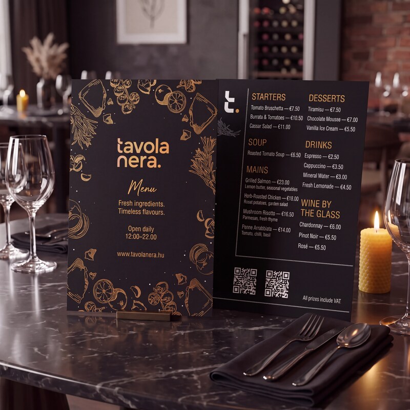 Meniu negru folio cu tipar auriu, deschis, pe suport, într-un restaurant